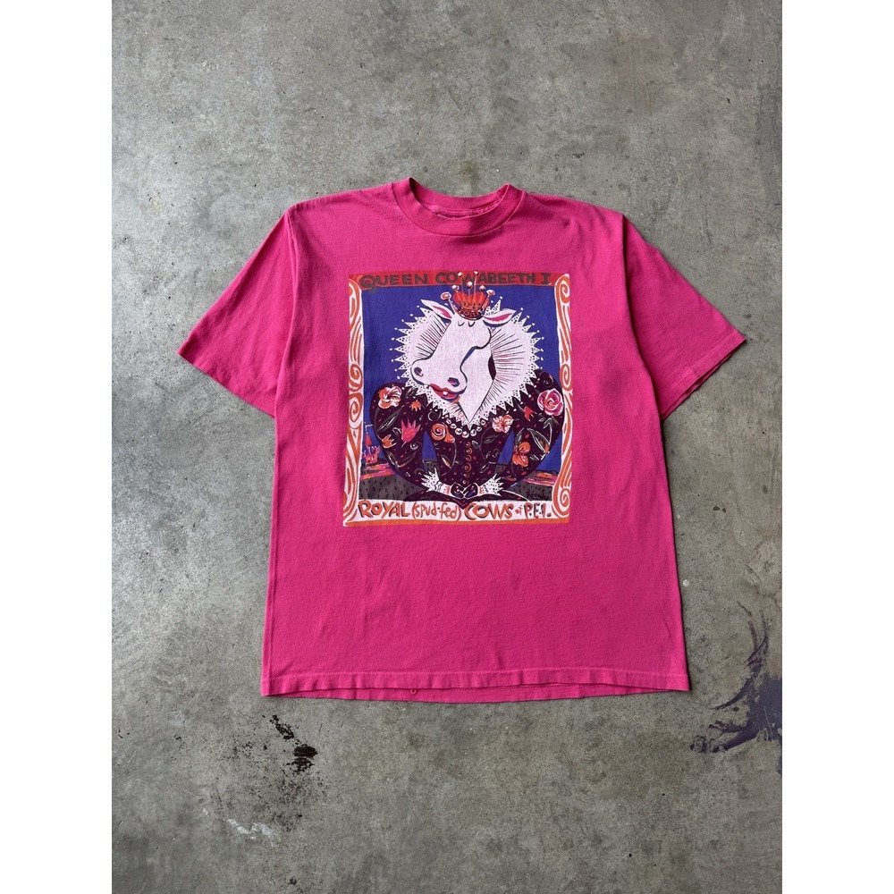 VTG 90s Cows Art Queen Cowabeeth Royal Cow Canada Ice Cream Shop Promo L T-Shirt